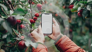 Farmer hands using digital mobile phone to collect data in plum agriculture farm. Smart farming concept. Blank screen photo