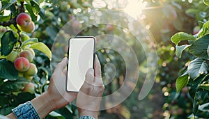 Farmer hands using digital mobile phone to collect data in plum agriculture farm. Smart farming concept. Blank screen photo