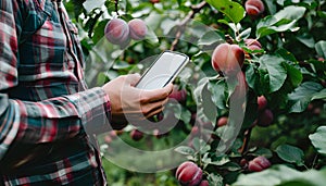 Farmer hands using digital mobile phone to collect data in plum agriculture farm. Smart farming concept. Blank screen photo