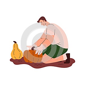 Farmer harvesting vegetables in autumn flat cartoon vector illustration isolated.