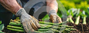 a farmer harvests asparagus close-up