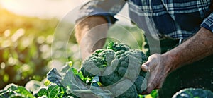 A farmer harvests broccoli in a field on a sunny day. Freshly picked vegetables. Agriculture and farming