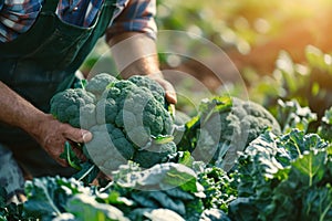 A farmer harvests broccoli in a field on a sunny day. Freshly picked vegetables. Agriculture and farming