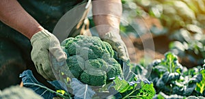 A farmer harvests broccoli in a field on a sunny day. Freshly picked vegetables. Agriculture and farming