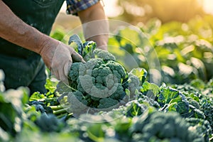 A farmer harvests broccoli in a field on a sunny day. Freshly picked vegetables. Agriculture and farming