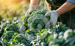 A farmer harvests broccoli in a field on a sunny day. Freshly picked vegetables. Agriculture and farming