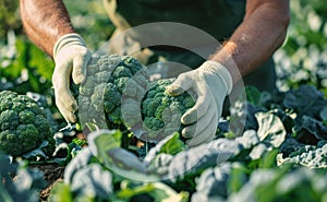 A farmer harvests broccoli in a field on a sunny day. Freshly picked vegetables. Agriculture and farming