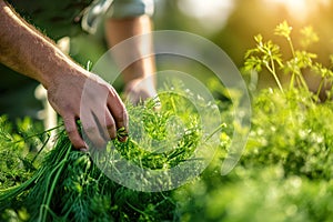 A farmer harvests freshly harvested dill in a field on a sunny day. Agriculture and farming. Organic vegetables