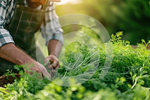 A farmer harvests freshly harvested dill in a field on a sunny day. Agriculture and farming. Organic vegetables