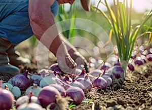 A farmer harvests freshly harvested onions in a field on a sunny day. Agriculture and farming. Organic vegetables