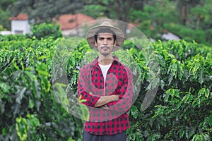 Farmer with hat at the coffee plantation field