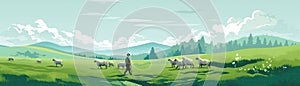 Farmer Herding Flock Of Sheep Through Green Meadow Illustration. Panoramic Banner Illustration. Generative AI