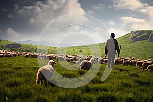 Farmer And His Trusty Dog Herding Flock Of Sheep Across Vast Green Pasture. Generative AI