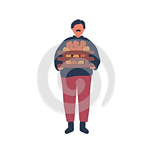 Farmer holding apples crate flat vector illustration. Old rancher, farm worker cartoon character. Natural food, organic