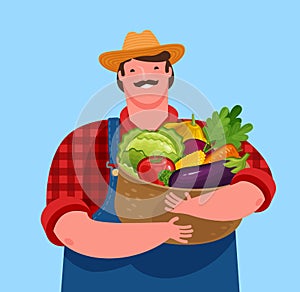 Farmer holding basket of fresh vegetables. Agriculture, cartoon vector illustration