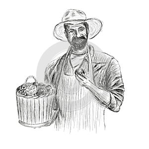 Farmer holding basket with fresh vegetables. Hand drawn illustration.