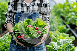 Farmer Holding a Basket Full of Freshly Harvested Leafy Greens in a Greenhouse