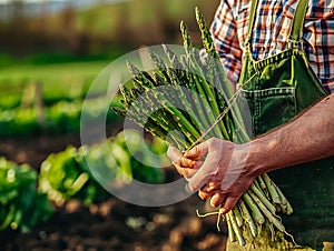 Farmer holding a bunch of asparagus in an agricultural field. Growing and harvesting leafy vegetables in the autumn season