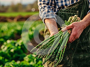 Farmer holding a bunch of asparagus in an agricultural field. Growing and harvesting leafy vegetables in the autumn season