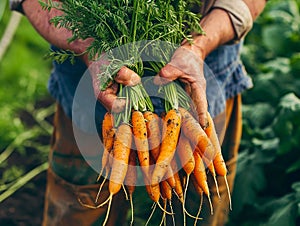 Farmer holding a bunch of carrots in an agricultural field. Growing and harvesting leafy vegetables in the autumn season
