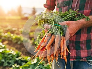 Farmer holding a bunch of carrots in an agricultural field. Growing and harvesting leafy vegetables in the autumn season