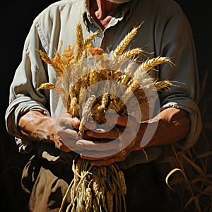 Farmer holding bunch of wheat ears in his hands on a black background