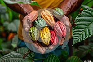 Farmer holding colorful cacao pods harvest
