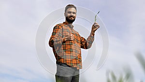 Farmer holding crop plant in his wheat field