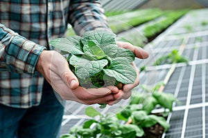 Farmer Holding Cucumber Seedling in Hydroponic Greenhouse