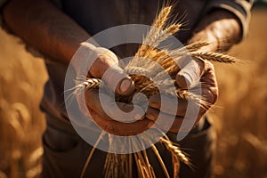 Farmer holding golden wheat ears in field