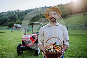 Farmer holding harvest basket full of fresh vegetables. Harvesting crops, collecting vegetables on family farm. Concept