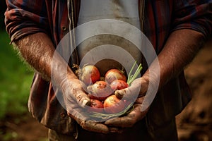 Farmer holding in his hand some onions freshly picked from the ground