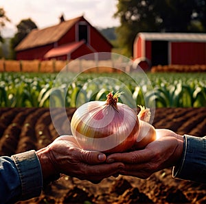 Farmer holding onion with farm in the background food agricultural industry harvest