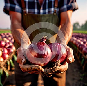 Farmer holding onion with farm in the background food agricultural industry harvest