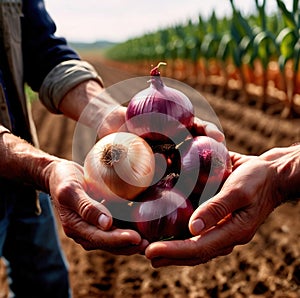 Farmer holding onion with farm in the background food agricultural industry harvest