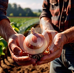 Farmer holding onion with farm in the background food agricultural industry harvest