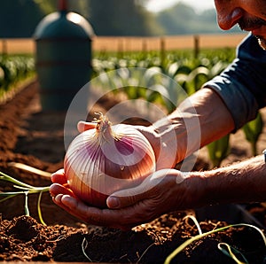 Farmer holding onion with farm in the background food agricultural industry harvest