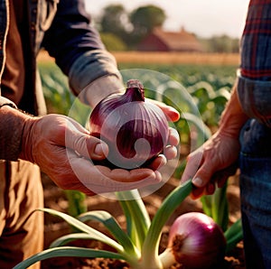 Farmer holding onion with farm in the background food agricultural industry harvest