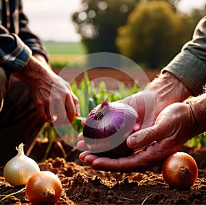 Farmer holding onion with farm in the background food agricultural industry harvest