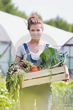 Farmer holding organic produce in wooden box on her farm