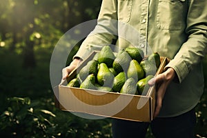 farmer holding paper crate with avocado in garden or plantation. harvest concept