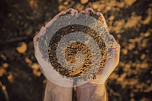 Farmer holding pile of soil on fertile agricultural land