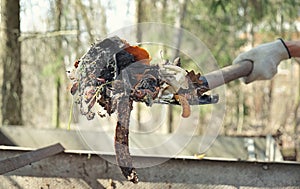 Farmer holding shovel full of compostable food scraps over compost heap. Composting, permaculture, zero waste gardening,