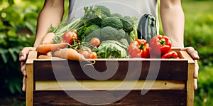 Farmer holding wooden box full of fresh raw vegetables. Basket with vegetable in the hands. Concept of bio products, bio ecology,