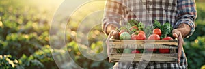 Farmer holding a wooden box full of fresh raw vegetables. Blurred green farm field background, with copy space