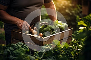 Farmer holding wooden box full of fresh raw vegetables. harvesting concept