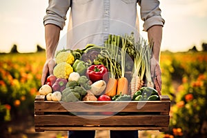 Farmer holding wooden box full of fresh raw vegetables. harvesting concept