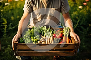 Farmer holding wooden box full of fresh raw vegetables. harvesting concept