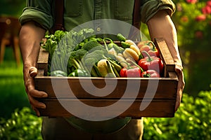 Farmer holding wooden box full of fresh raw vegetables. harvesting concept