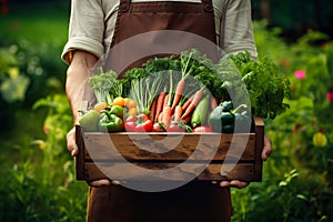 Farmer holding wooden box full of fresh raw vegetables. harvesting concept